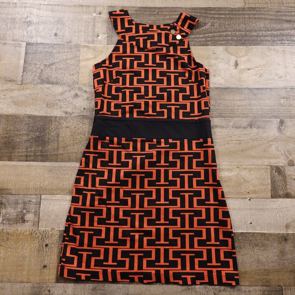 Tracy Negoshian Geometric Shift Dress Women’s XS Black Orange Mod Retro